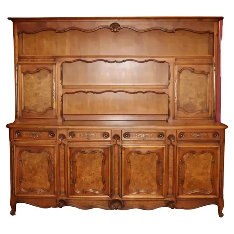 Quality Burled Walnut French Country Louis XV Breakfront China Cabinet Cover