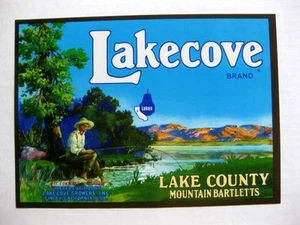 Etiqueta de caja de frutas Lakecove pera de 1970 con pesca humana - Imagen 1 de 1