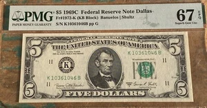 $5 1969C FRN 1972-K Dallas PMG 67EPQ Almost TOP POP 1 Finer - Picture 1 of 2