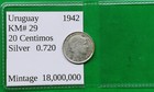 New ListingNice Old Uruguay Silver 20 Centimos Coin 1942 Vintage World Foreign !