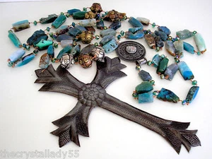 WALL HANGING ROSARY INDIAN SILVER CROSS NATURAL AQUA STONE 1" BEADS 74" LONG - Picture 1 of 5