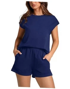 2 Piece Sets for Women Casual Summer Lounge Set Cap Sleeve XX-Large Navy Blue - Picture 1 of 6