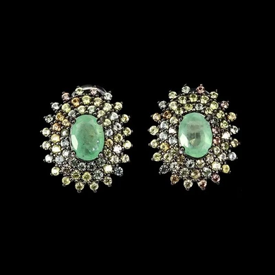 925 Sterling Silver Earrings Oval Emerald 7x5mm Sapphire Gemstone Jewelry - Image 1 of 4