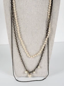 J. Crew Brass-Tone Chains White Faux-Pearl Beaded Layered Necklace 23 In - Picture 1 of 7