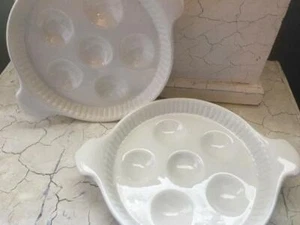 Escargot / Mushroom Serving Dishes Plates Set of 2 White Glazed Ceramic - Picture 1 of 2