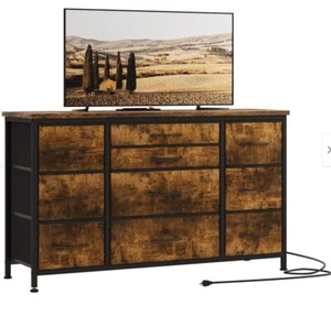 10 Drawer Dresser TV Stand with Power Outlet for 55'' TV Rustic Brown - Picture 1 of 10