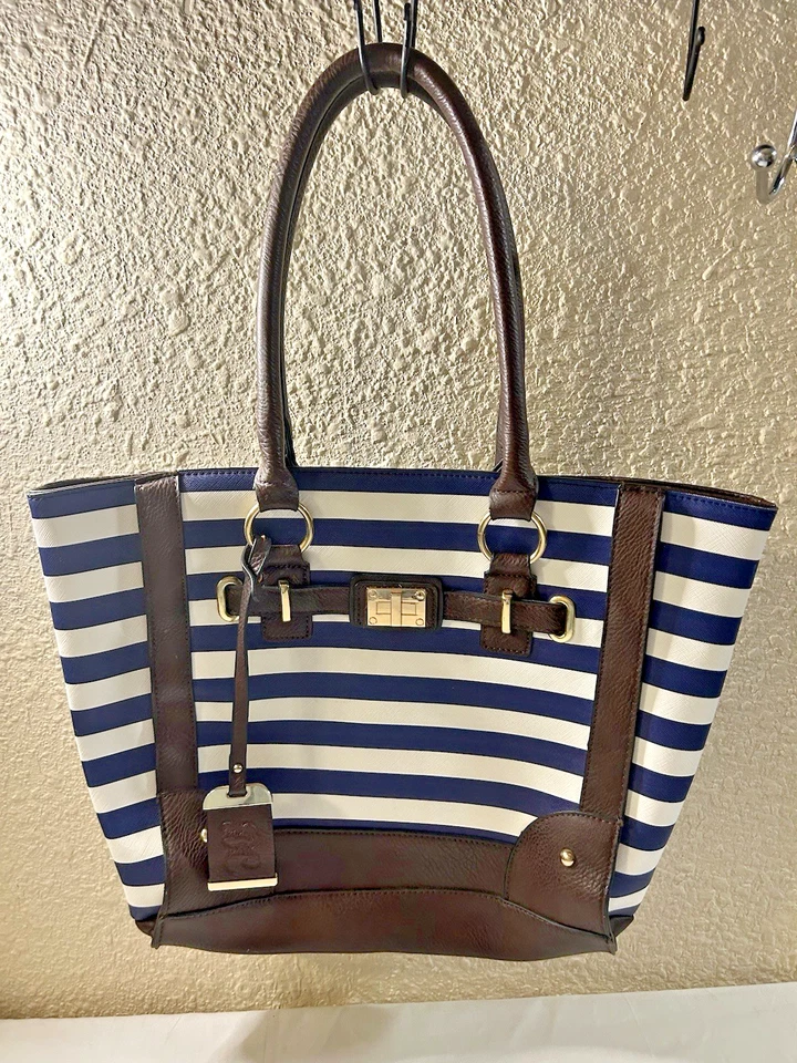 Bulldog Conceal Carry Purse Tote Handbag Bag Navy Blue and White Stripes - Image 1 of 4