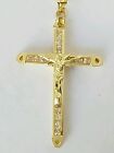 10k yellow Gold man made diamond Jesus Crucifix Cross Pendant 1.50 inch long