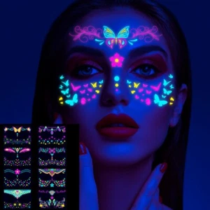 8 Sheets Set Face Fluorescent Tattoo Stickers Glow Under UV Light Neon Party Bar - Picture 1 of 6