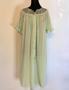 Vintage SHADOWLINE Button Up ROBE Celadon GREEN Medium NYLON Sheer Bodice READ - Picture 1 of 11