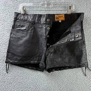 Vtg Tino Trevino Leather Den Shorts Mens 34 Snap Fly Red Laced Fetish Clubwear - Picture 1 of 21