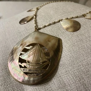 Vintage Large Sailboat Abalone Shell And Pearl Gold Necklace - Picture 1 of 12