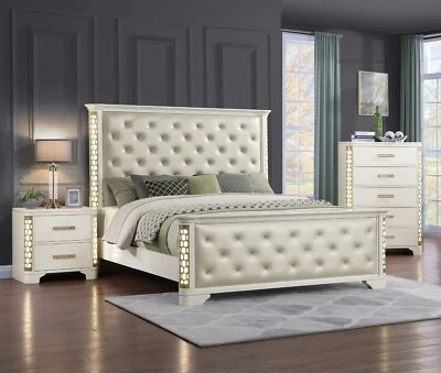 3pc Tufted Headboard Casings LED Lighting Gold Accent Luxurious King Bed Set - Image 1 of 4
