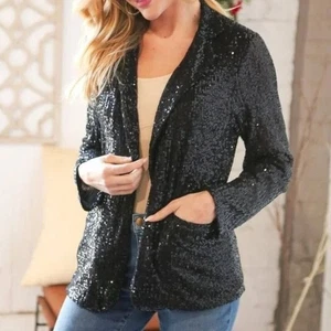 New- Black Sequin Lapel Collar Pocketed Holiday Jacket - 3X - Picture 1 of 5