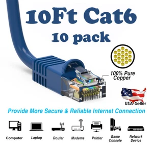 10Ft CAT6 Ethernet Cable Lan Network CAT6 Internet Modem RJ45 Patch Cord Blue - Picture 1 of 3