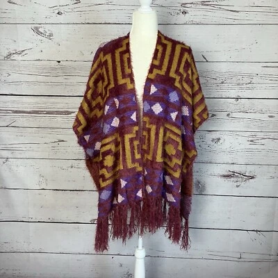 Poncho Boho Free People Chal Espalda Diamante Acogedor Kim Púrpura Multicolor Flecos Foto 1 de 4