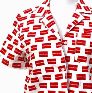 Calvin Klein LOGO Red White Check Shirt Bowling Button Up Top Sz S