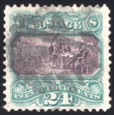 U.S. (Scott 120) 24¢ Green & Violet Pictorial, XF Used, Clear G Grill! PF CERT - Image 1 of 3