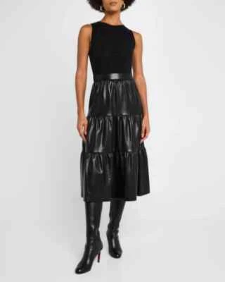 $465 ALICE + OLIVIA "Chara" tiered faux leather midi sleeveless dress black - 6 - Image 1 of 4
