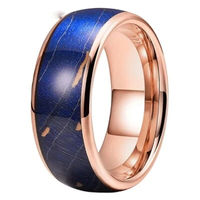 Anillo de carburo de tungsteno pulido cúpula de madera de anciano teñida azul de 8 mm ajuste cómodo Foto 1 de 4