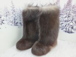 Tall Brown furry goat yeti fur boots Women winter snow boots Knee high shoes