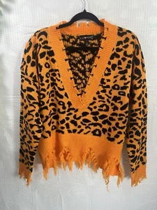 Cheetah Print Women's Fringe Drop Sleeve Crop Sweater Orange and Black Size L - Picture 1 of 14