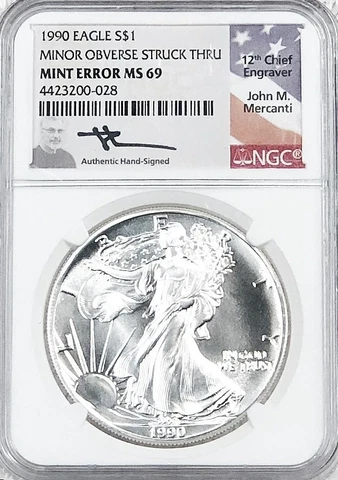 1990 American Silver Eagle NGC MS69 Mint Error Obverse Strike Through Cover