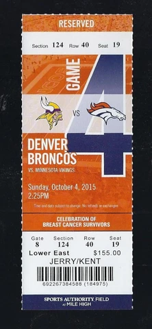 STEFON DIGGS DEBUT - 2015 NFL VIKINGS @ DENVER BRONCOS FULL FOOTBALL TICKET Cover