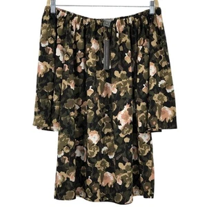 French Connection Tan Floral Adeline Dream Off Shoulder Long Sleeve Crepe Dress - Picture 1 of 5