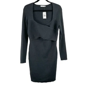 Lush Black Ribbed Knit Long Sleeve Crossover Mini Sweater Dress Size Large NWT - Picture 1 of 11
