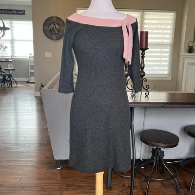Y2K I.N San Francisco Sweater Dress  Medium Gray Boat Neck Off Shoulder Pink Bow - Image 1 of 4