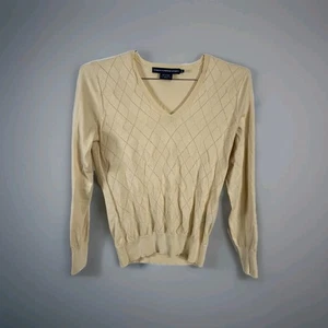 Ralph Lauren Sport Sweater Womens Medium Beige V Neck Argyle 100% Pima Cotton - Picture 1 of 10