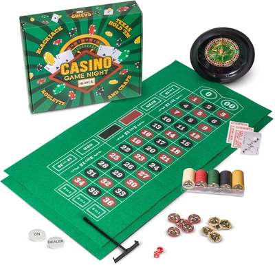 Juego Completo Casino Night 4 en 1 con Fieltros, Rueda, 100 Fichas, Dados y Cartas Foto 1 de 4