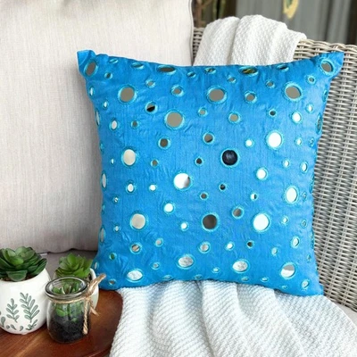 Decorative Cushion Case Blue 16"x16", Square Silk Circles & Dots - Blue Mirror - Image 1 of 4