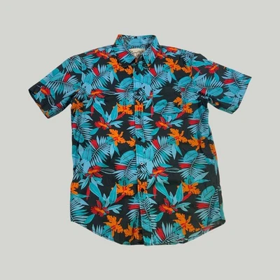 Coastal Hawaiian Shirt M – Floral Tropical Leaves Blue Orange Red Black Cotton - Image 1 of 4