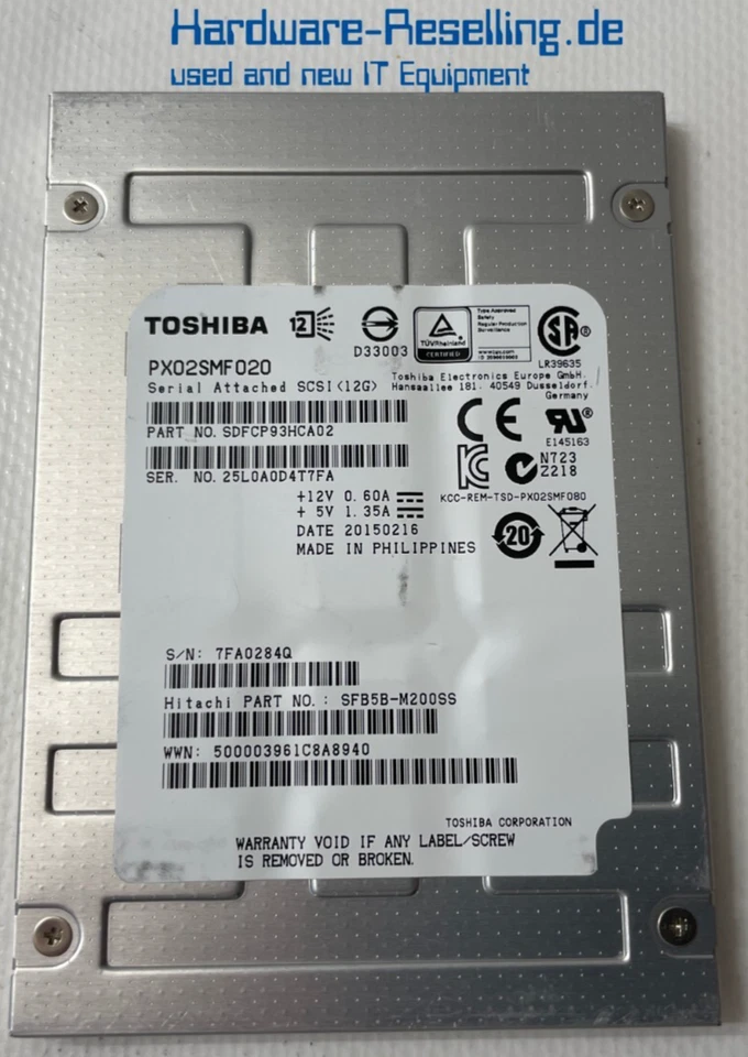 Toshiba Hitachi 200GB 2,5" SAS-3 12G PX02SMF020 SFB5B-M200SS SDFCP93HCA02 - Bild 1 von 1