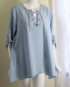 NWT Karen Kane Sz L Denim Boho Lace-Up Embroidered Poet Blouse Tunic Shirt Top - Picture 1 of 6