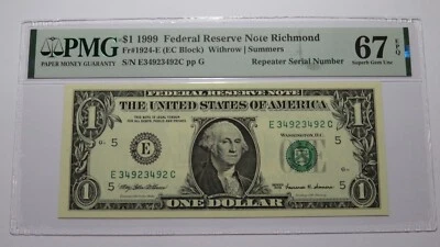 $1 1999 Repeater Serial Number Federal Reserve Currency Bank Note Bill PMG UNC67 - Image 1 of 3