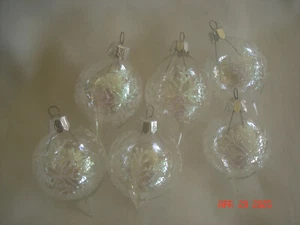 LOT 6 Vtg. CLEAR BLOWN GLASS ROUNDED TEAR DROP ORNAMENTS w/IRIDESCENT SNOWFLAKES - Picture 1 of 5