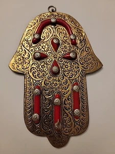 Handcrafted Handmade Moroccan Hamsa Khemissa Evil Eye Pendant, Red Stones, 8"x5" - Picture 1 of 8