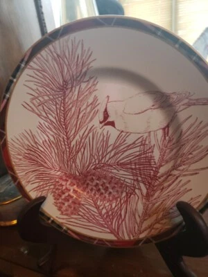 Nature Porcelain  2 Plates.  Bird & Deer Plaid & Red Plates. Salads/ Serving... - Image 1 of 3