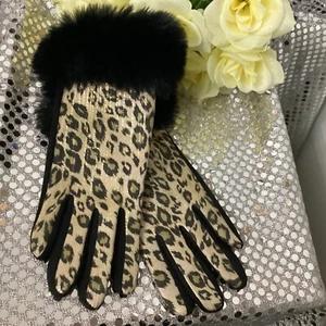 Damen Animal Print Gepard Handschuhe großer Fellbesatz Winter Herbst mit Text Touch - Bild 1 von 4