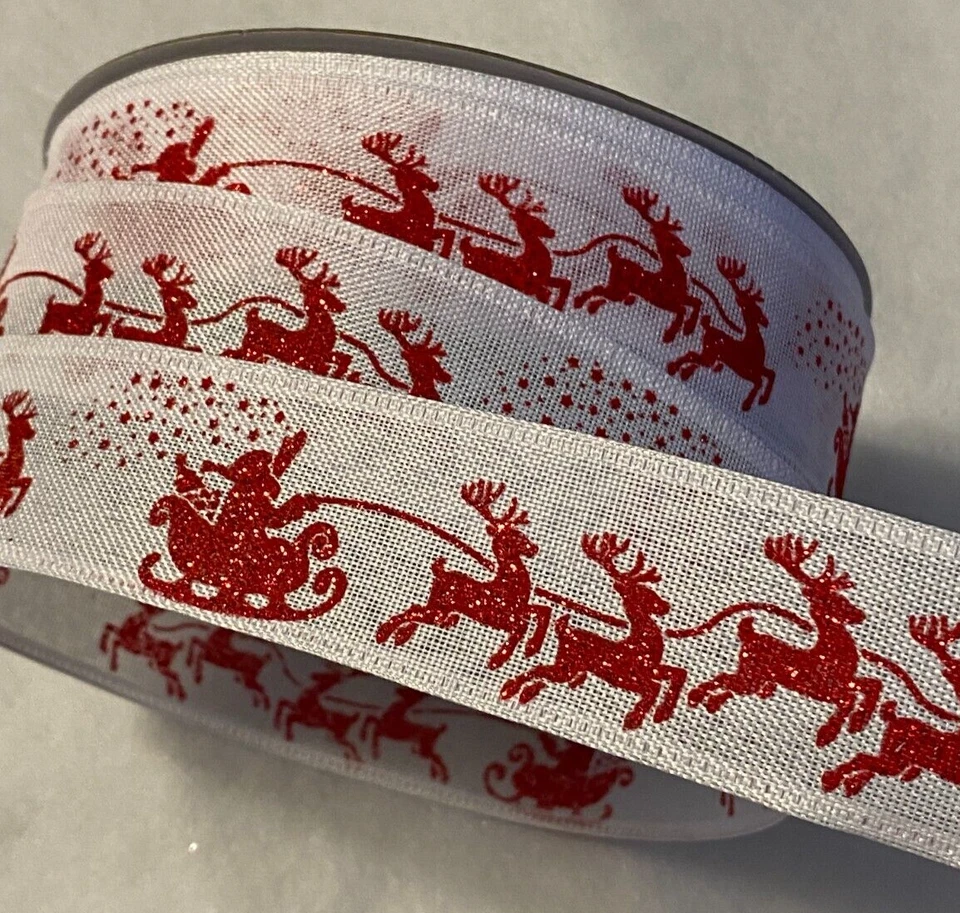 5 Yds. WHITE & RED GLITTER SANTA'S SLEIGH HOLIDAY WIRE EDGE RIBBON  1 1/2" Wide - Image 1 of 1