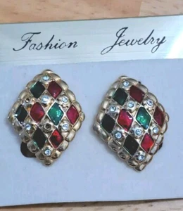 VTG Clip On Earrings Red Green Rhinestone Gold Tone Diamond Shaped - Picture 1 of 6