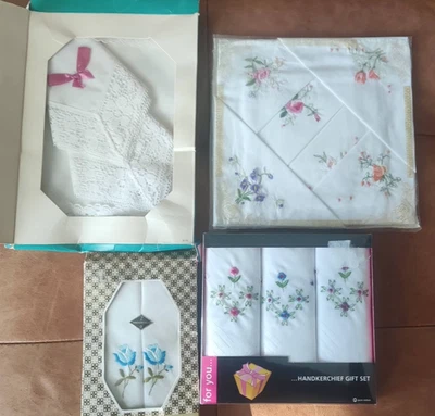 4 packs Vintage Ladies Embroidered Handkerchiefs / Hankies - NEW - Image 1 of 4