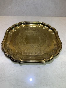 Vintage Square Brass Gold Toned Ornate Etching Serving Tray Dish Scalloped Edge - Picture 1 of 8