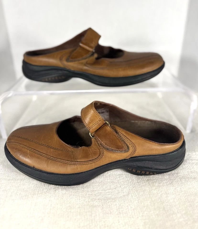 Tamancos femininos Merrell de couro Mary Jane marrom confortável almofada de ar 9,5 - Imagem 1 de 4
