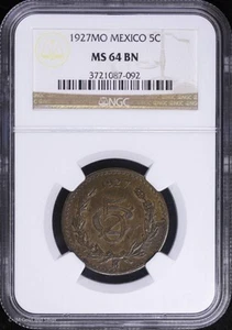 1927 Mo 5C Mexico 5 Centavos Bronze NGC MS 64 BN | Uncirculated UNC BU - Picture 1 of 4