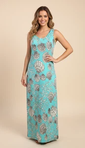 Touch Express Maxikleid Aqua Muschel Koralle Print ärmellos Stretch Gr. L - Bild 1 von 8