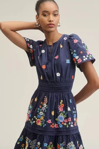 💕 ANTHROPOLOGIE THE SOMERSET FLORAL EMBROIDERED BLUE MINI DRESS NEW PETITE XL - Picture 1 of 4